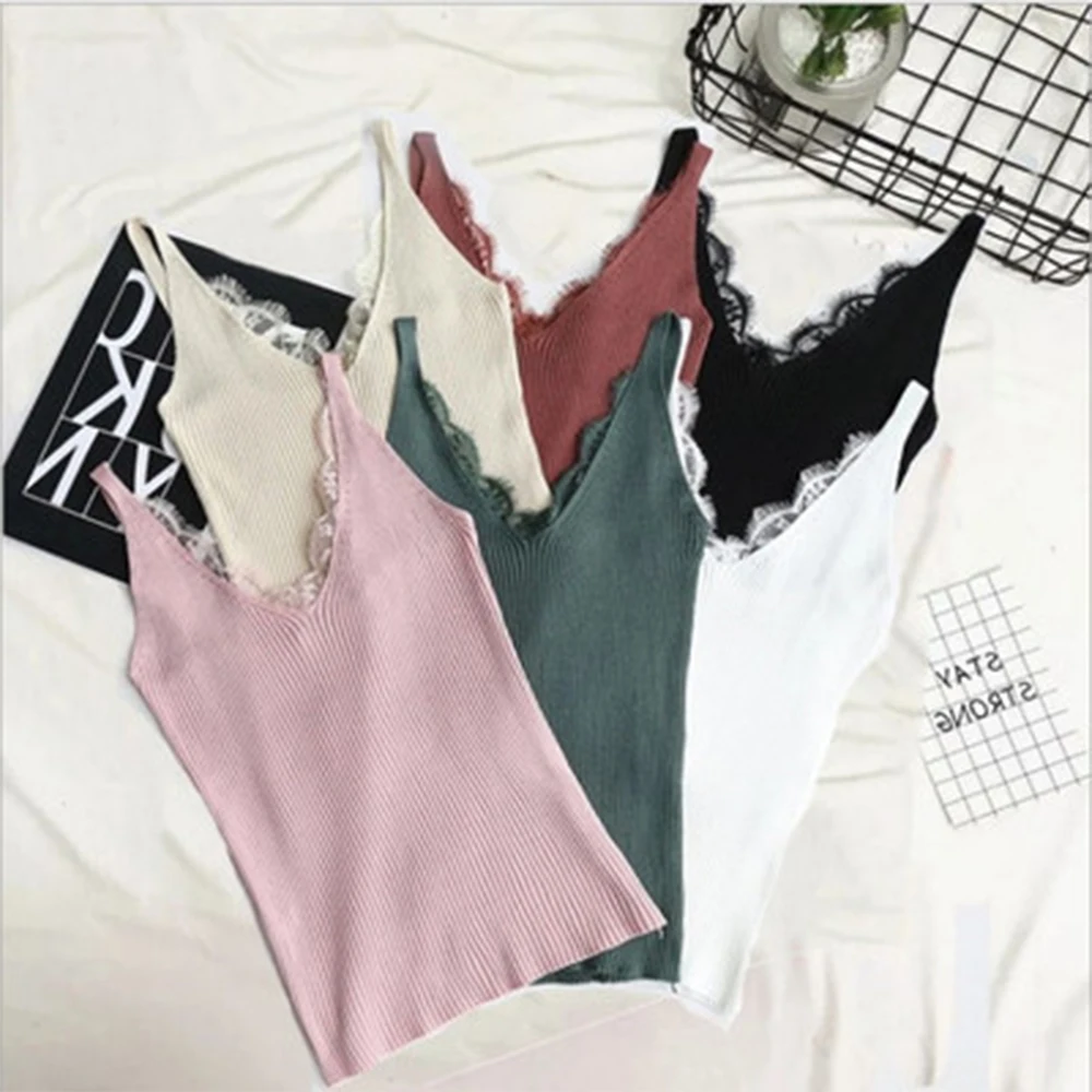 

Lace Top Women Camisole Sleeveless Cotton Sexy Tanks Tops Knitted Cami Seamless Bralette Cropped Vest V-neck Female Bandeau