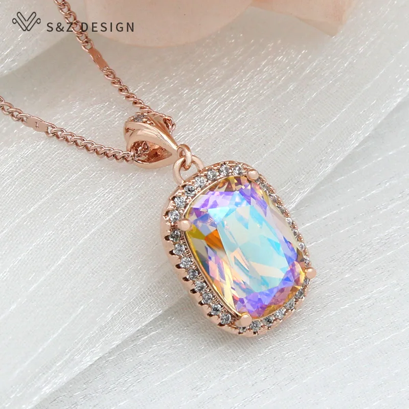 S&Z DESIGN Trendy Cubic Zirconia Square Crystal Pendant Necklace For Women Wedding 585 Rose Gold Color Fashion Jewelry