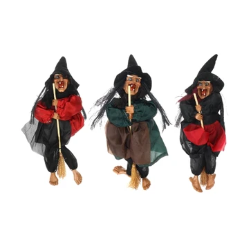 

3Pcs Halloween Witch Dolls Voice Control Prop Animated Ghost Scary Riding Broom Wall Hang Party Outdoor Decoration Toys