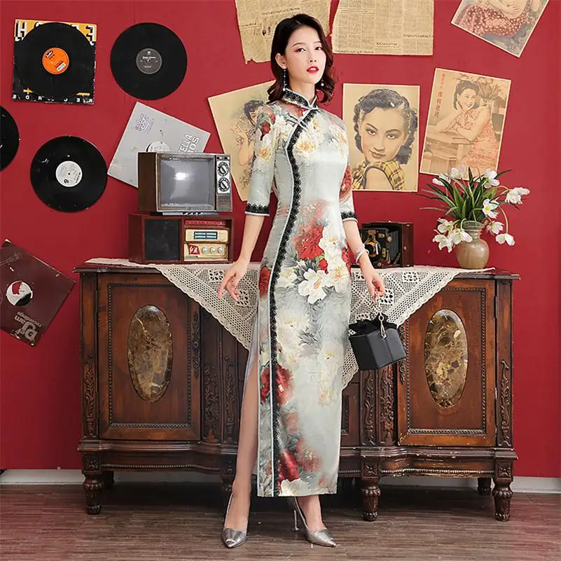 Винтажный китайский воротник Qipao женское с новогодней елкой, бумажный платье кружевной отделки с принтом атласное платье M-4XL