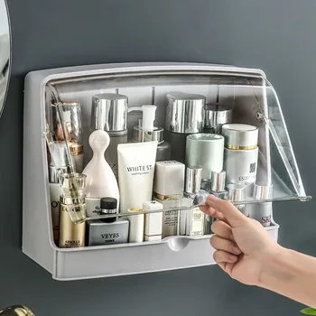 

New Makeup Organizer Storage Box Plastic Saving Space Wall Paste Container Make Up Case Cosmetic Boxes Container Holder WF1022
