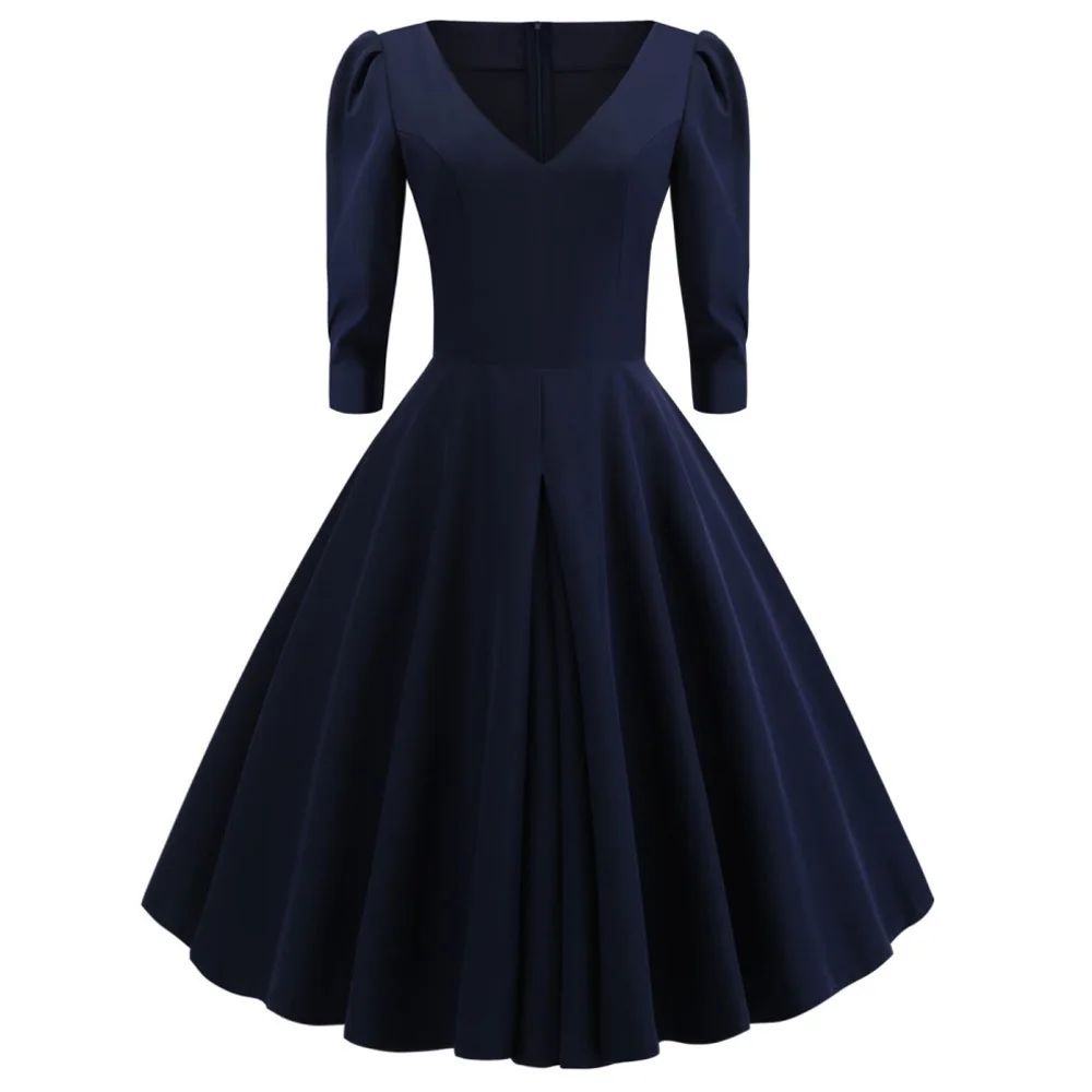 Navy Color Women Midi Vintage Dress V Neck 3/4 Sleeves High Waist Retro 60s Audrey Hepburn Rockabilly Vestidos | Женская одежда