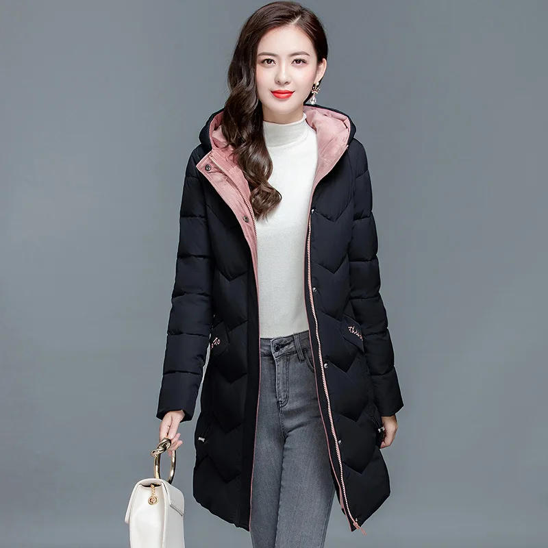 

2019 Winter New Style Korean-style Mid-length Elegant Warm down Jacket Cotton-padded Clothes Women's Hooded Large Size Slimming