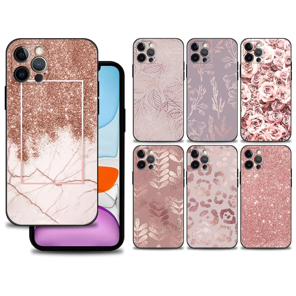 Custodia Per Iphone 15 14 13 12 Mini 11 Pro Max Cover Per Iphone 15 Xr Xs X 7 8 Plus Shell Fundas Gold Pink Roglitter Hearts