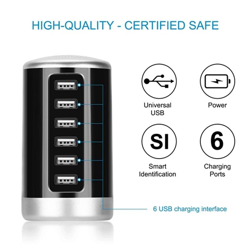 FFYY-USB Charger, Universal 6-Port Desktop USB Hub/Charging Station Tower with Smart Identification Technology for Apple iOS, An
