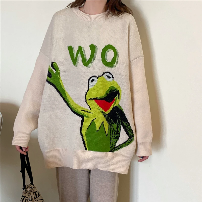 Свитер с лягушкой из мультфильма, Женский вязаный джемпер большого размера, Свободный пуловер с длинным рукавом, пуловеры с надписями, зеленый цвет, Осень-зима, корейский стиль, винтажный, W154