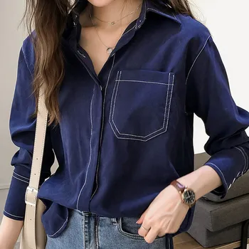 

Women Vintage Autumn Shirt Long Sleeve Button Pocket Solid Color Casual Retro Female Blouses Fall Clothes