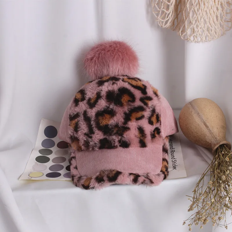 Розовый Cute Baby Kids Boys Girls Baseball Cap Winter Warm Outdoor Sports Hat Adjustable Leopard Print - Цвет: Розовый
