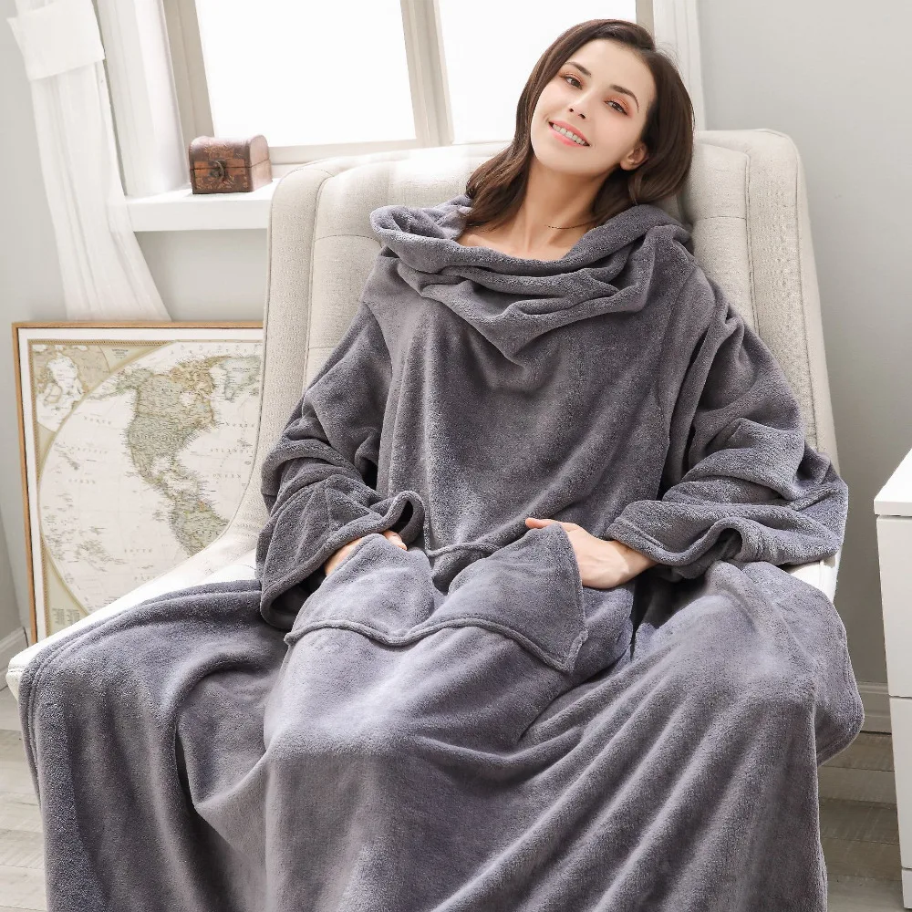 

Soft Warm Blanket Long Fleece Blanket with Sleeves Coral Fleece Pocket Blanket Adult Winter Wash Flannel Blankets Robe