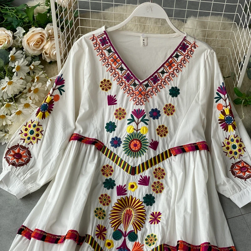Foamlina, платье с цветочной вышивкой, лето-осень, v-образный вырез, рукав 3/4, этнический стиль, длинное платье, пляжные, вечерние, праздничные, свободные, женское платье