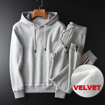 

New Cotton Mens Sets (sweatshirts+pants) Luxury Velvet Hooded Sweatshirt Male Fashion Elastic Waist Man Pants Plus Size 4XL