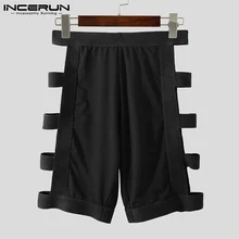 Men Sleep Shorts Solid Color Hollow Out Homewear Elastic Waist Sleep Bottoms Sexy Breathable 2021 Fitness Mens Shorts INCERUN