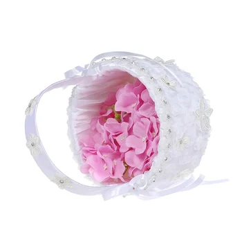 

Lace Flower And Ribbon Bow Decorative White Flower Girl Basket Petals Bouquets Holder For Wedding Ceremony Party Decoration