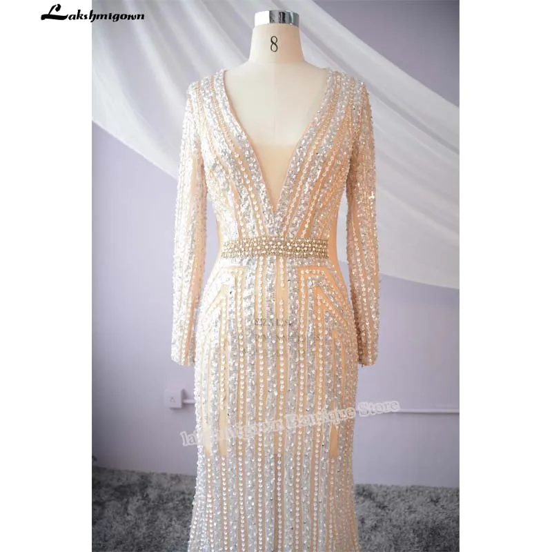 Lakshmigown Роскошные с блестящими кристаллами Русалка вечернее платье с длинным рукавом Сексуальная Иллюзия V шеи бисер длинное платье выпускного вечера Вечернее платье