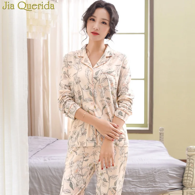 Spring Fall Long Sleeves Pajamas Set 2 Pcs Cotton Sleeping Suit Loungewear Home Suit for Women Floral Female Pajamas