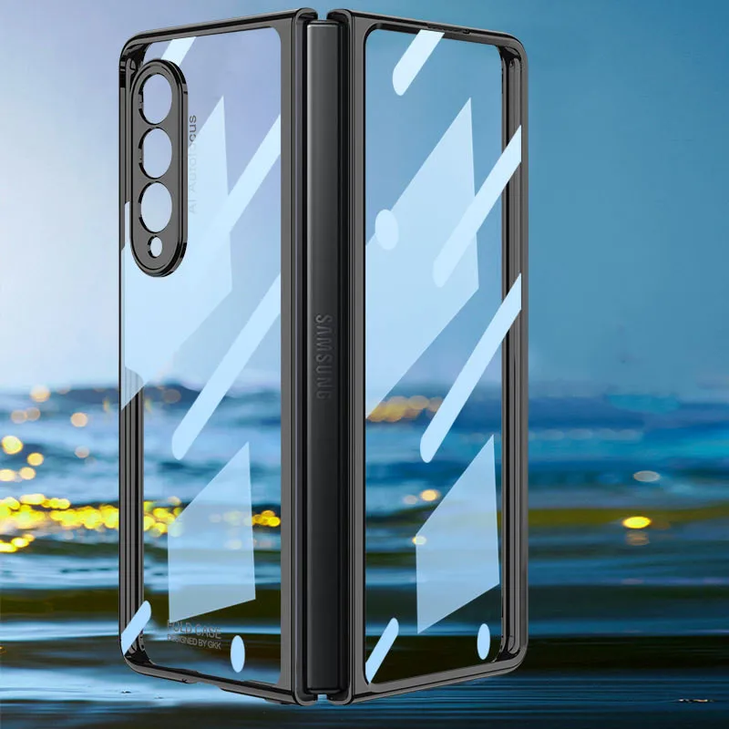 kawaii samsung cases Front Tempered Glass Transparent Case for Samsung galaxy Z Fold 3 5G Cover Plating Frame Hard Clear S Pen Slot Holder Back Case best case for samsung Cases For Samsung