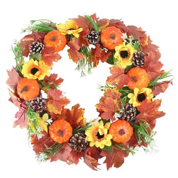 

1Pc Halloween Wreath Imitation Sunflower Autumn Maple Leaf Pattern Pumpkin Garland Orange (40cm)