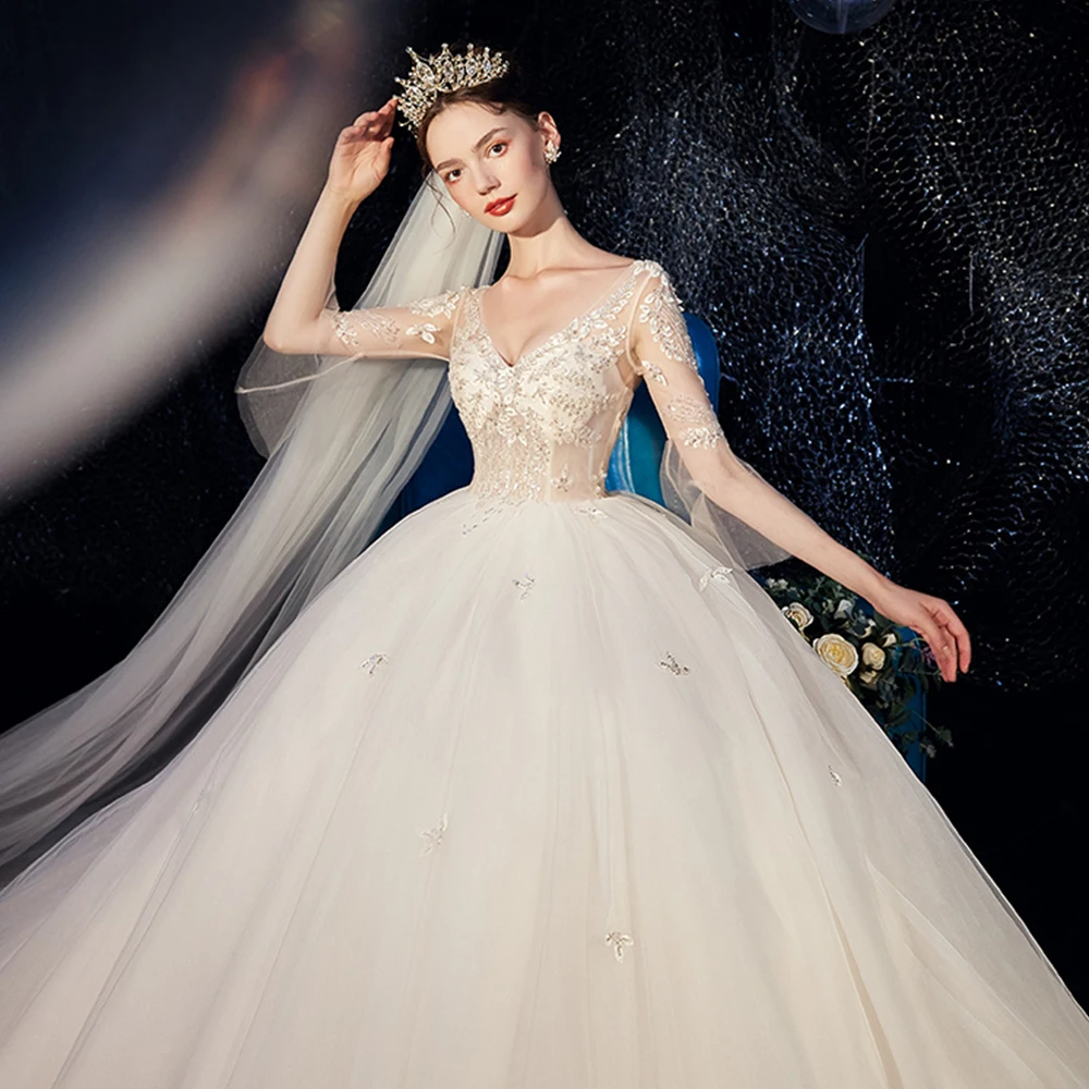 Бальное платье принцессы, свадебные платья, большие размеры, Vestido De Noiva Princesa, v-образный вырез, шнуровка, Аппликации, свадебное платье расшитое бисером