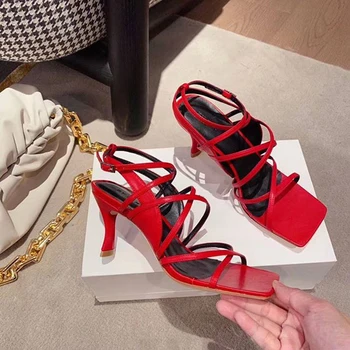 

Gladiator Sandals 2020 Summer New Collection Shoes For Women Square Head Strappy Leather Buckled Slingback High Heels zapatos 40