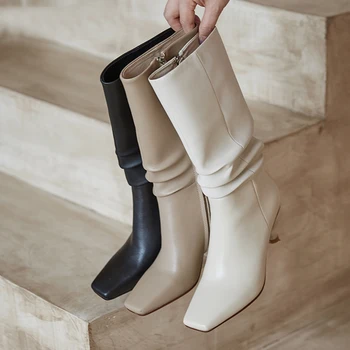 

2020 Winter New Designer Knight Boots Woman Square Toe Chunky Sole High Heels Platform Mid-Calf Botas Mujer Motorcycle Shoes