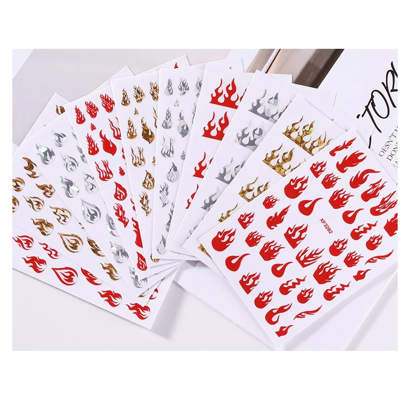 1PCS Flame Nail Stickers Flame Nail Art Decals Holographic Gold Silver Fires On Manicure Stencil Stickers Nail Art Decoration