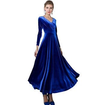

Autumn women's long sleeve dress winter Gold velvet Extra long V-neck dresses