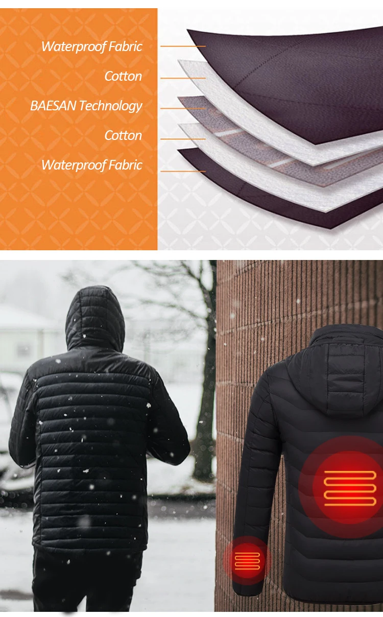 Куртки с электрическим подогревом, мужская куртка с USB подогревом, зимняя однотонная парка для мужчин, с длинным рукавом, с капюшоном, термобелье, зимнее Мужское пальто