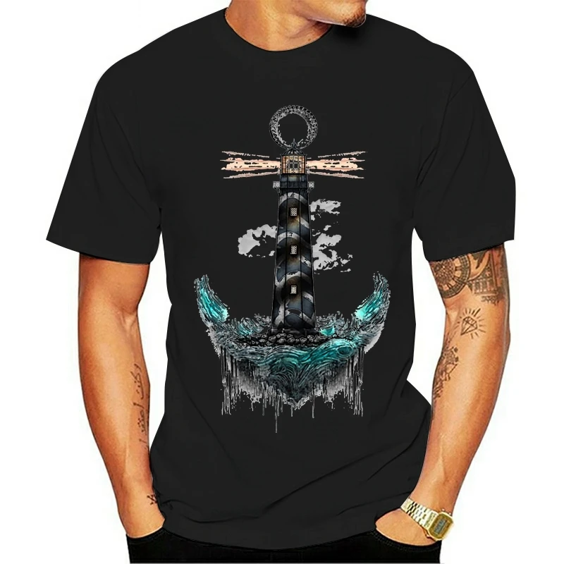T Shirts Slim Fit Slogan Lighthouse Pattern Retro Men's Personality Comfortable White Sunlight Family Hiphop Top O-neck cotton | Мужская