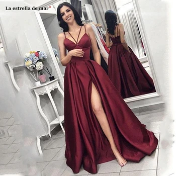 

vestidos de gala New Satin Sexy V Neck Thin Shoulder Strap High Split A Line Burgundy Prom Dress Evening formal party gown cheap