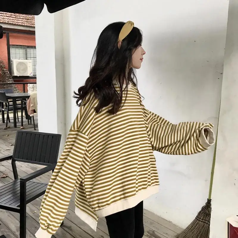 Yfashion Женская весенне-осенняя Толстовка Shrit модная теплая Свободная Толстовка с длинным рукавом в полоску с принтом из флиса с капюшоном