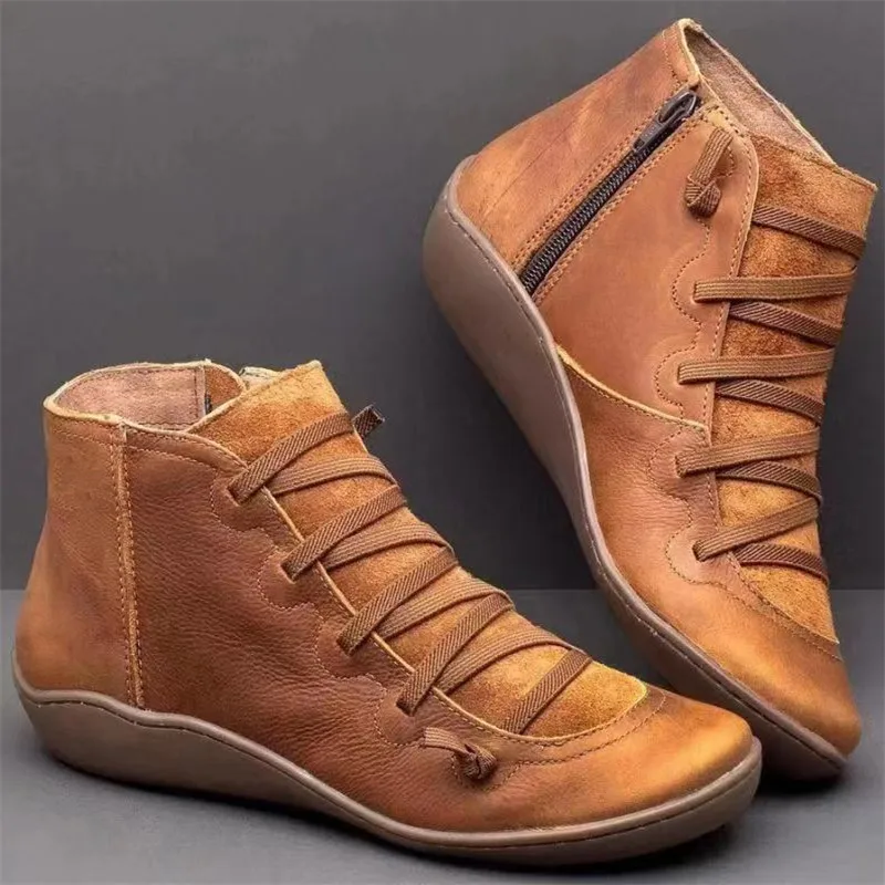 Женские ботильоны из искусственной кожи; зимние ботинки; Осенняя обувь на плоской подошве; женская обувь; короткая плюшевая обувь с перекрестными ремешками в винтажном стиле; Mujer Botas