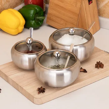 

Stainless Steel Seasoning Pot Pepper Jar Spice Salt Container with Spoon Glass Cover Home Restaurant Kitchen Supplies