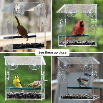 

With Suction Cups Outdoor Birdfeeder Food Tray Easy Install Window Bird Feeder House Shaped For Wild Birds Large Acrylic