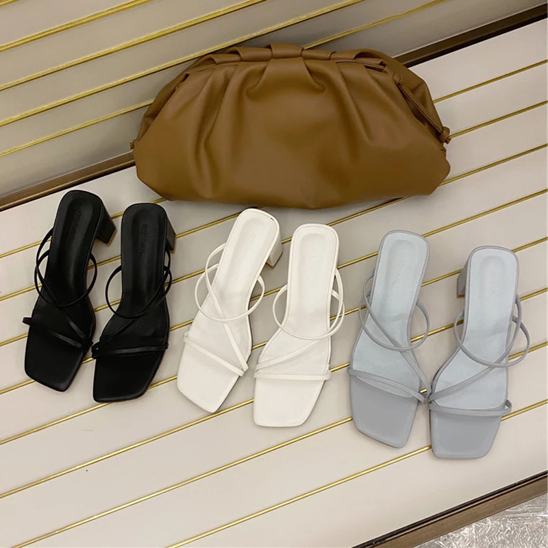 

Summer New Brand Women 2020 Medium Square High Heels Slides Mules Sweet Female Open Toe Blue White Slippers Mujer Vacation Shoes
