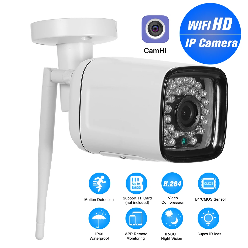 

720P Bullet WIFI Camera Weatherproof Wireless IP Camera 1.0MP 30pcs Infrared LED Lights Support Phone Control Motion Detection