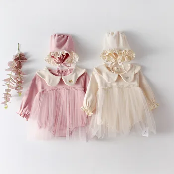 

2020 Spring Baby Girl Long Sleeve Cotton with Hat Cotton Rompers Baby Clothes Collar Embroidered with Tutu Climb Cloth Jumpsuits