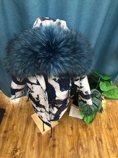 White Blue Fur Зимние детские парки с натуральным мехом Куртка с граффити меховые куртки для мальчиков теплая одежда для девочек съемная подкладка из меха кролика - Цвет: White Blue Fur