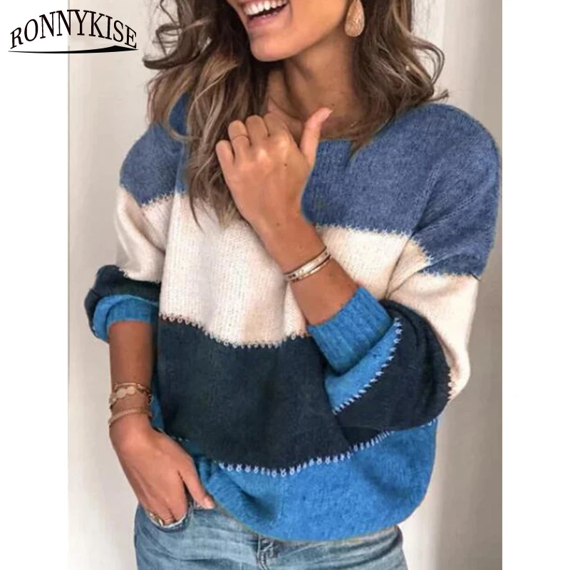Ceny RONNYKISE kolor patchworku swetry z dzianiny topy moda zimowa z długim rękawem O neck Casual luźne swetry dla kobiet