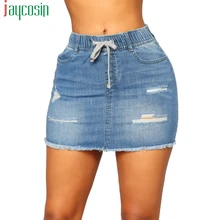 Джинсовая короткая женская юбка с высокой талией, тонкая эластичная лента, модная женская юбка размера плюс, летняя повседневная юбка с карманами и отверстиями для вечеринок