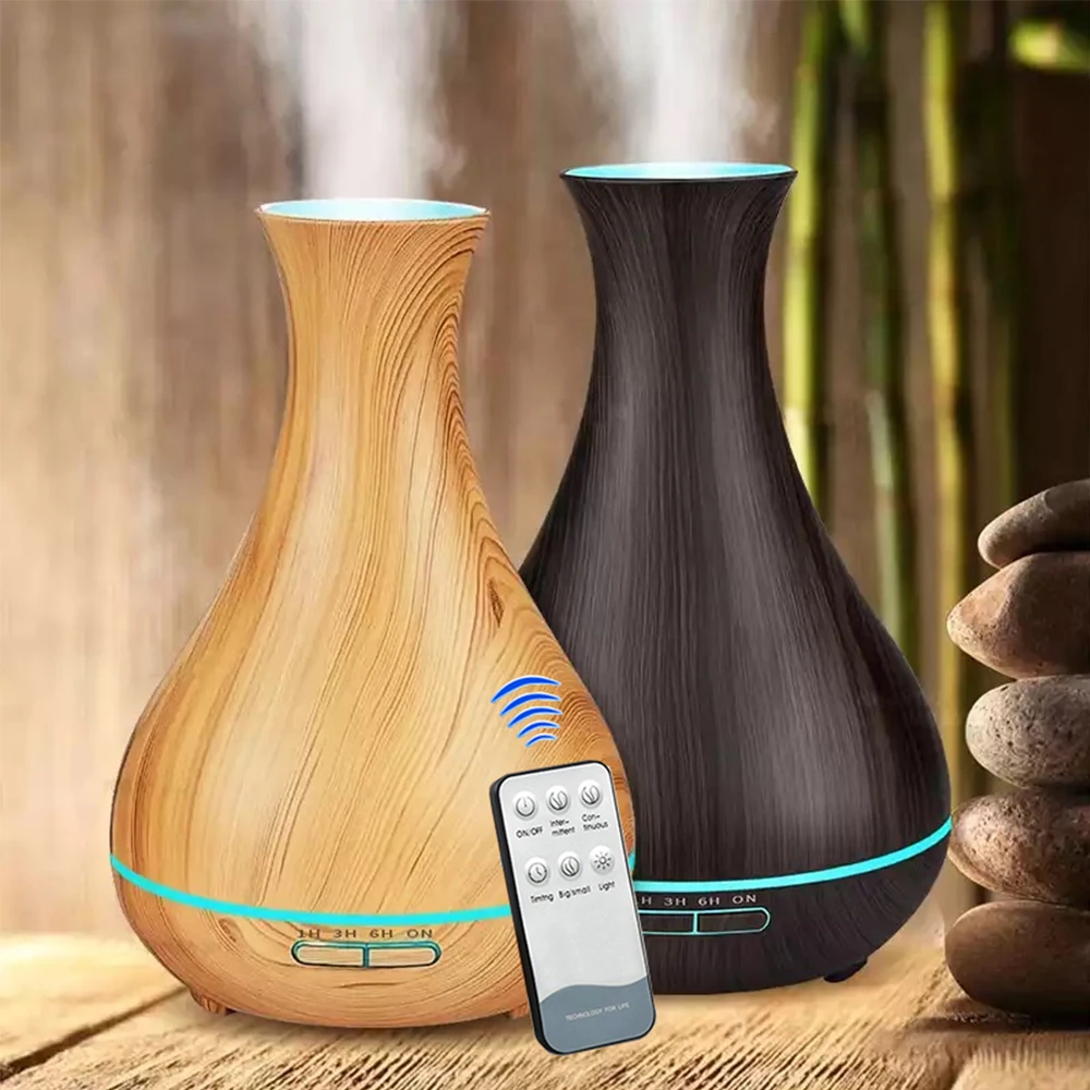 

550ML Essential Oil Aroma Diffuser Aromatherapy Air Humidifier With Remote Control Wood Grain 7 Color LED Lamp For Home Office