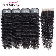 Yyong Cabelo 3/4 Brasileira Pacotes Com Fecho de Onda Profunda 100% Remy Do Cabelo Humano Weave Bundles Com 4x4 Rendas o fechamento Pode Ser Tingido(China)