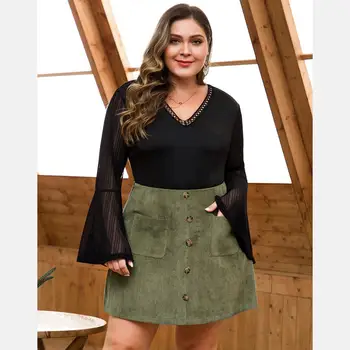 

H80&S90 Corduroy Button Skirts With Pockets Womens Plus Large Sizes Mini Skirt A-Line Office Lady Sexy Skirt