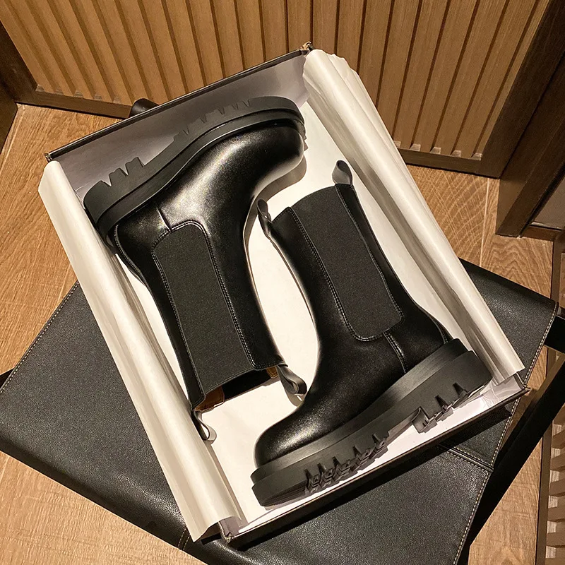 

Genuine Leather Platform Shoes Women's Autumn Boots Mid Calf Female Shoes For Women 2020 Rubber Boots Ladies Bottine Femme Black