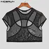 INCERUN 2021 Men T Shirt O neck Hollow Out Short Sleeve Mesh See Through Sexy Crop