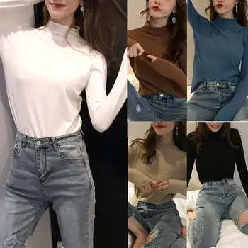 

Women Casual Solid Color Mock Neck Long Sleeve Sweater Bottoming Top Knitwear