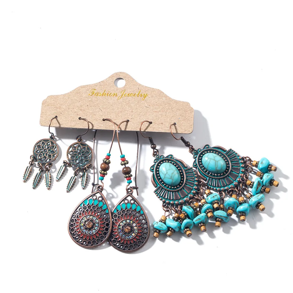 Set-5 Conjunto de brinco de folha de flor grande do vintage Declaração de jóias feminino Bohemia étnica entrega de bronze longa brincos pendurados para mulheres - Metal Color: Set-5