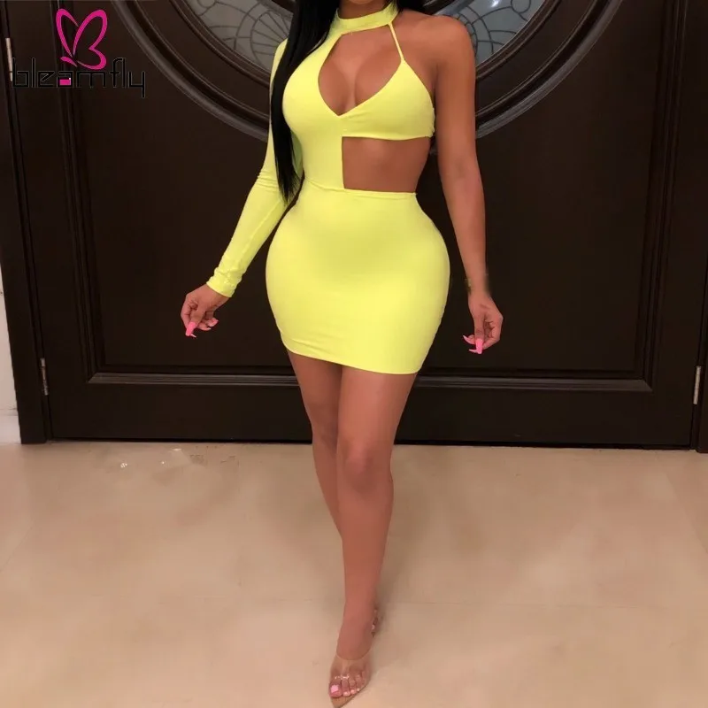 

Sexy One Shoulder Bodycon Dress Women Long Sleeve Halter Cut Out Mini Tight Dresses Yellow Summer Party Club Clothing Vestidos