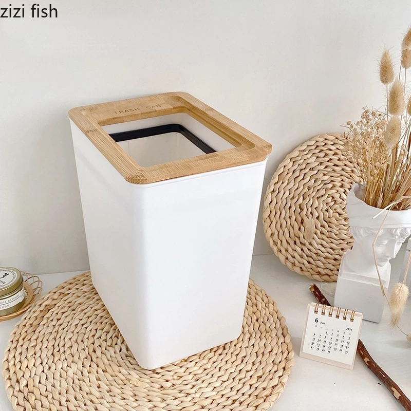 White Plastic Trash Can Wooden Cover Garbage Can Rectangular Waste Paper Basket Home Kitchen Trash Bin Storage Bucket Waste Bins