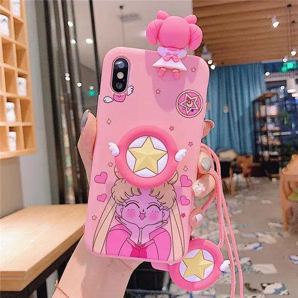 Милый протектор экрана Сейлор Мун чехол для телефона аниме для iPhone 11 Pro Max X XS MAX XR 6 6s 7 8 Plus для задней крышки из закаленного стекла - Color: TPU Bracket 2