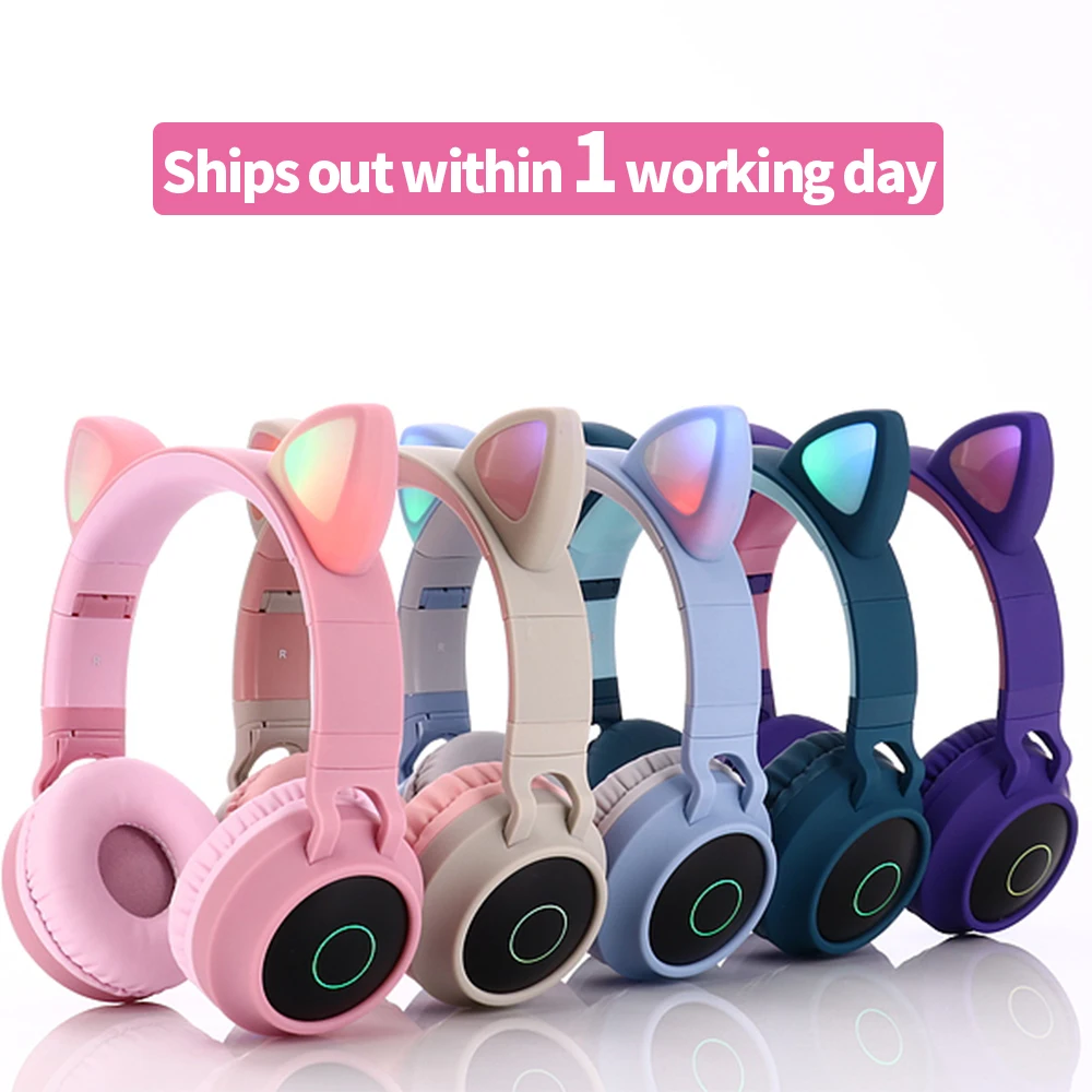 Bluetooth Headset Cat Ear Headphones Wireless Headphone LED Light Stereo Music earpphones Girl Headset for PC